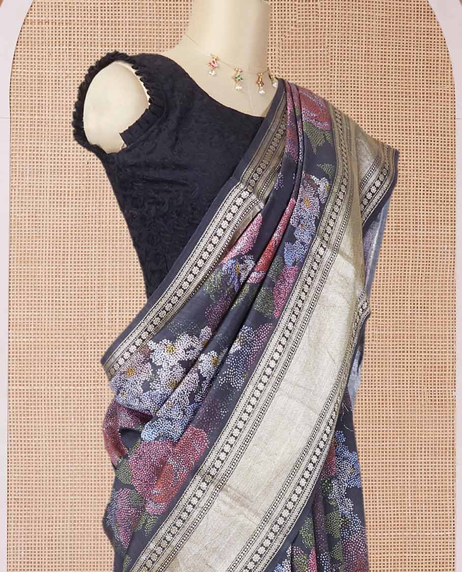 Black printed chiniya silk saree with colorful floral motifs, traditional zari design border