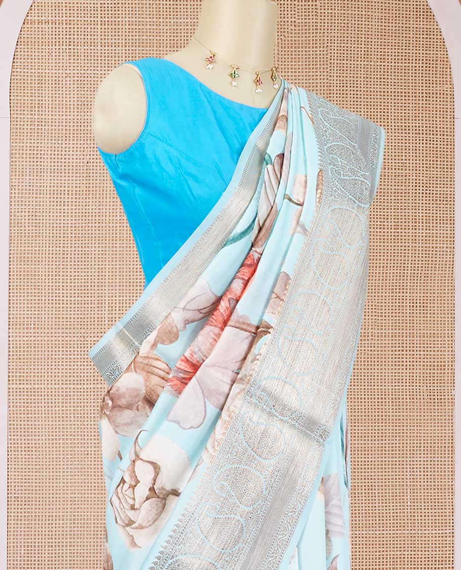 Blue floral motifs printed chiniya silk saree, traditional zari design border of paisleys