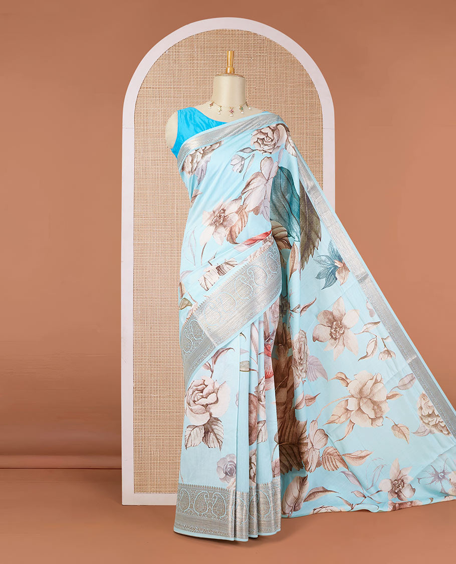 Blue floral motifs printed chiniya silk saree, traditional zari design border of paisleys