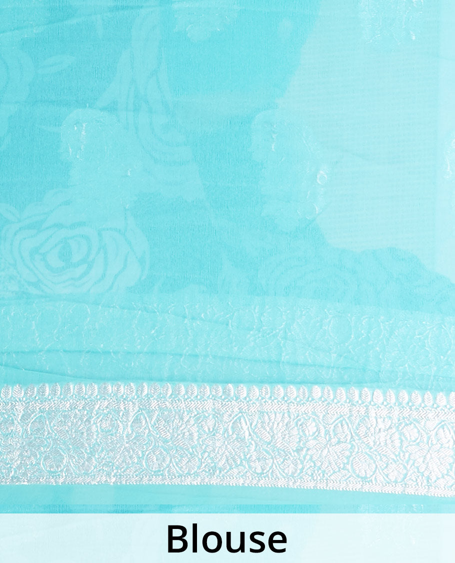 Turquoise banarasi georgette saree with zari buttas, floral creeper zari border & pallu of paisleys