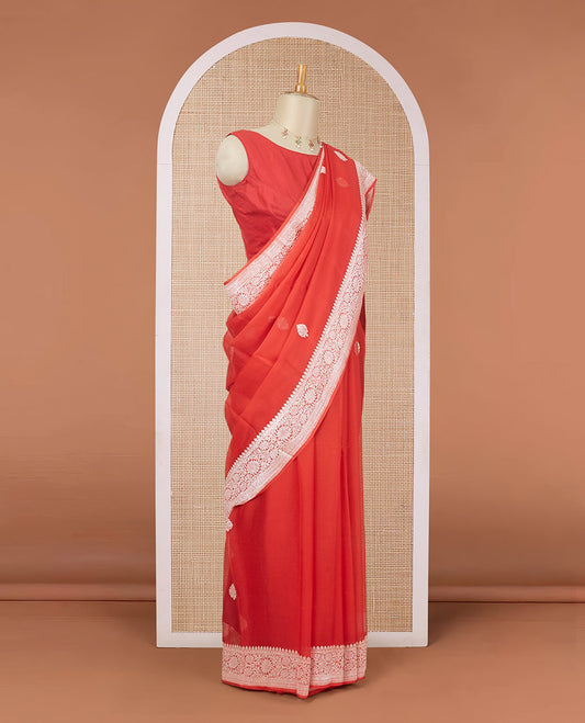 Red banarasi georgette saree with zari buttas, floral creeper zari border & pallu of paisleys