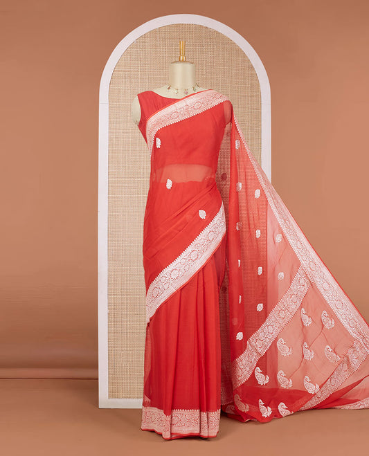 Red banarasi georgette saree with zari buttas, floral creeper zari border & pallu of paisleys