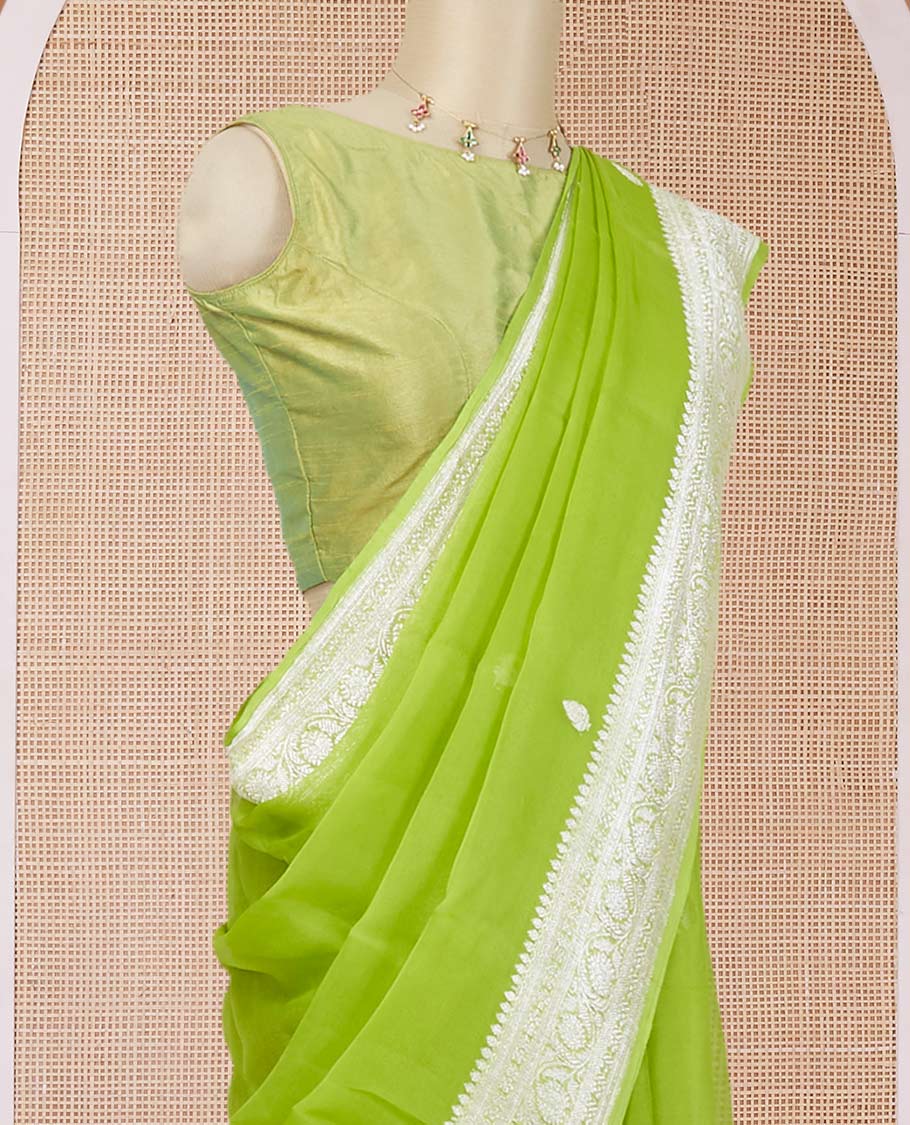 Green banaras georgette saree with zari buttas, traditional zari border of floral creeper design & floral design pallu