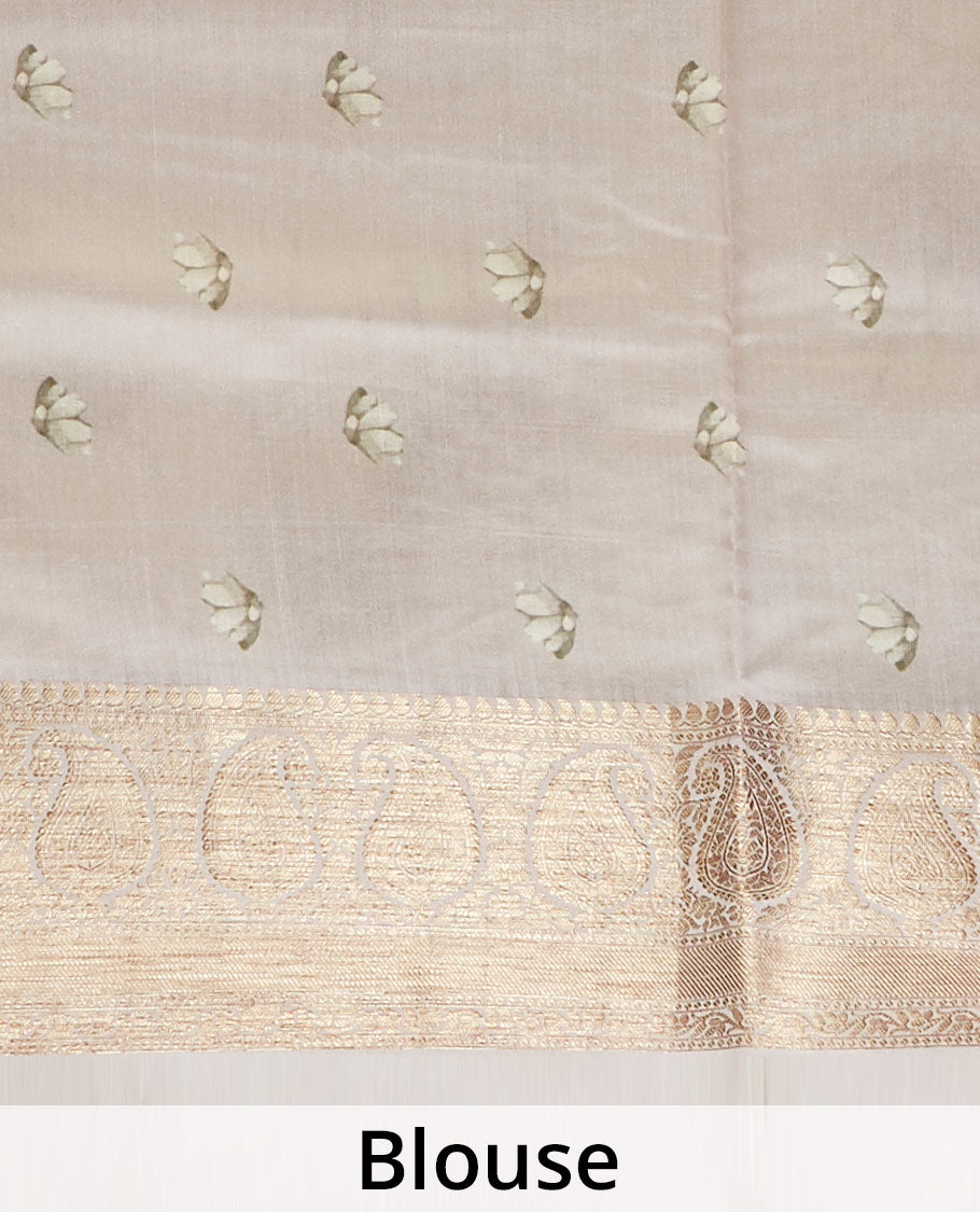Peach nature-theme floral & leaf motif digitally printed chiniya silk saree, zari traditional design border of paisleys