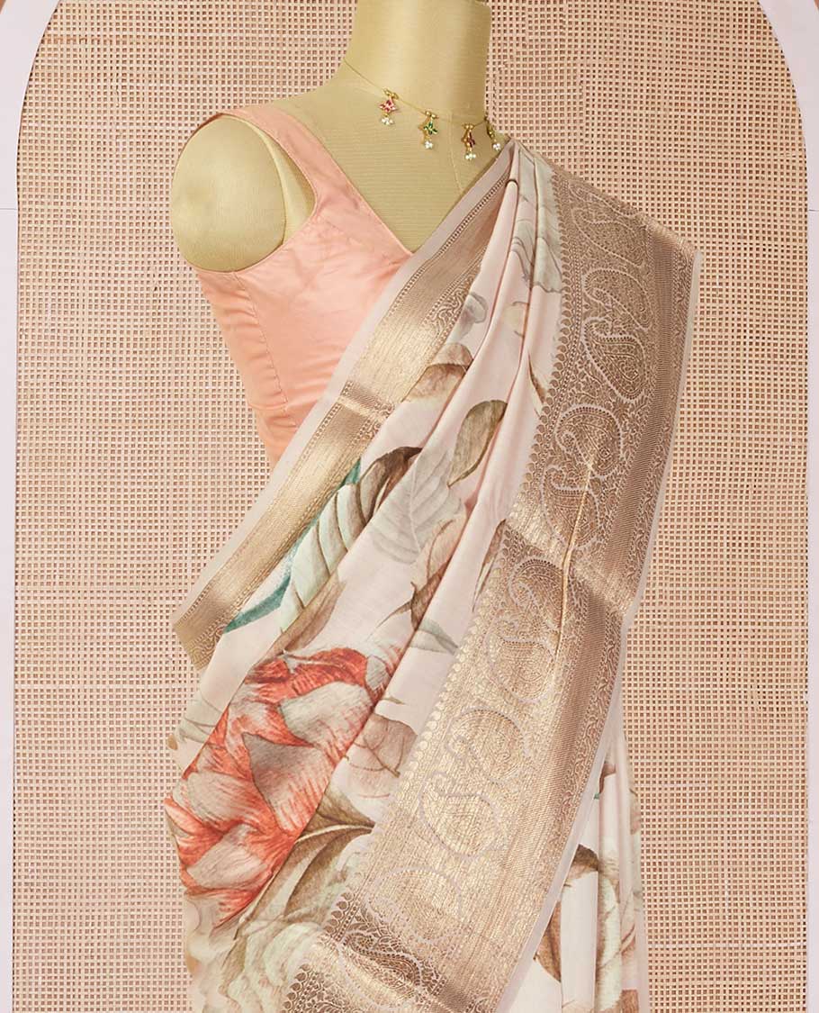 Peach nature-theme floral & leaf motif digitally printed chiniya silk saree, zari traditional design border of paisleys