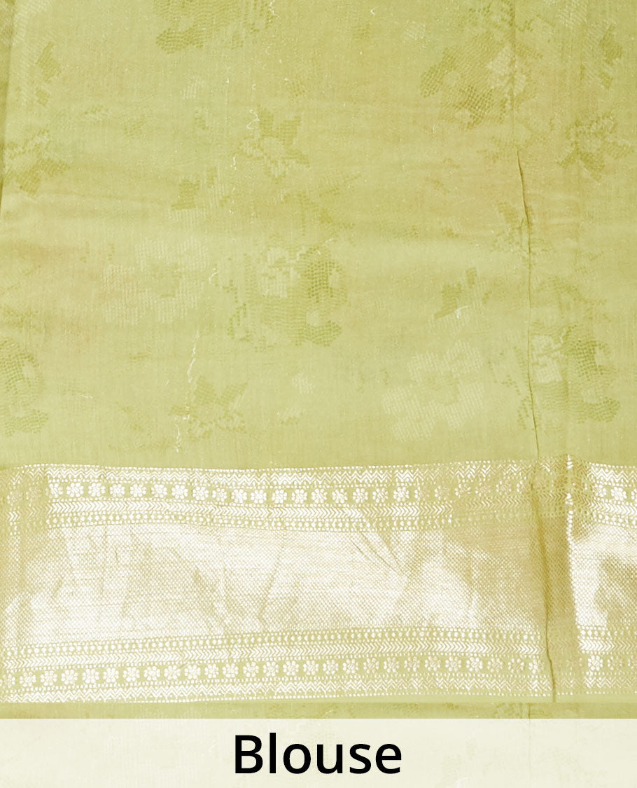 Green floral designs digitally printed chiniya silk saree, traditional zari border & zari design pallu