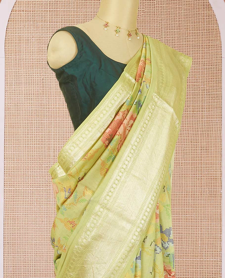 Green floral designs digitally printed chiniya silk saree, traditional zari border & zari design pallu