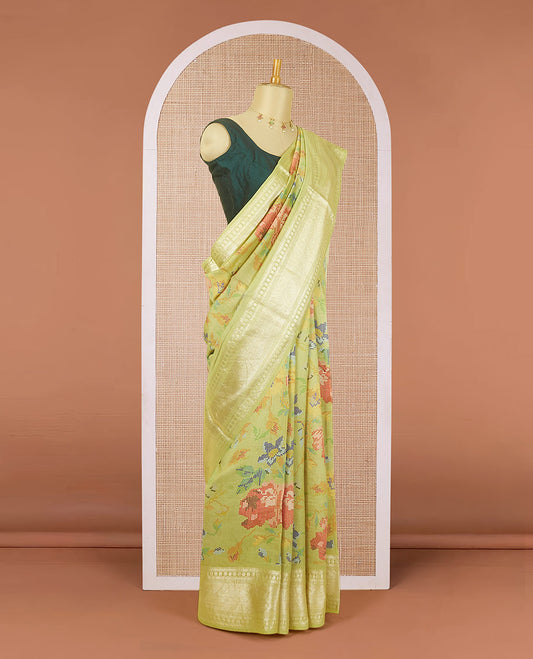 Green floral designs digitally printed chiniya silk saree, traditional zari border & zari design pallu