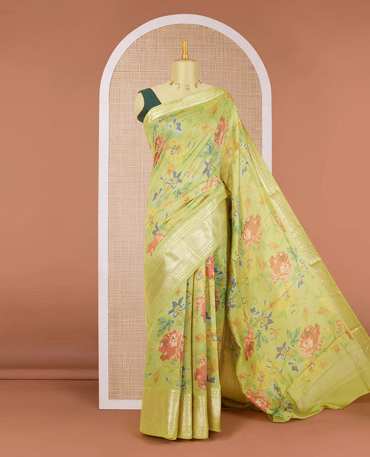 Green floral designs digitally printed chiniya silk saree, traditional zari border & zari design pallu