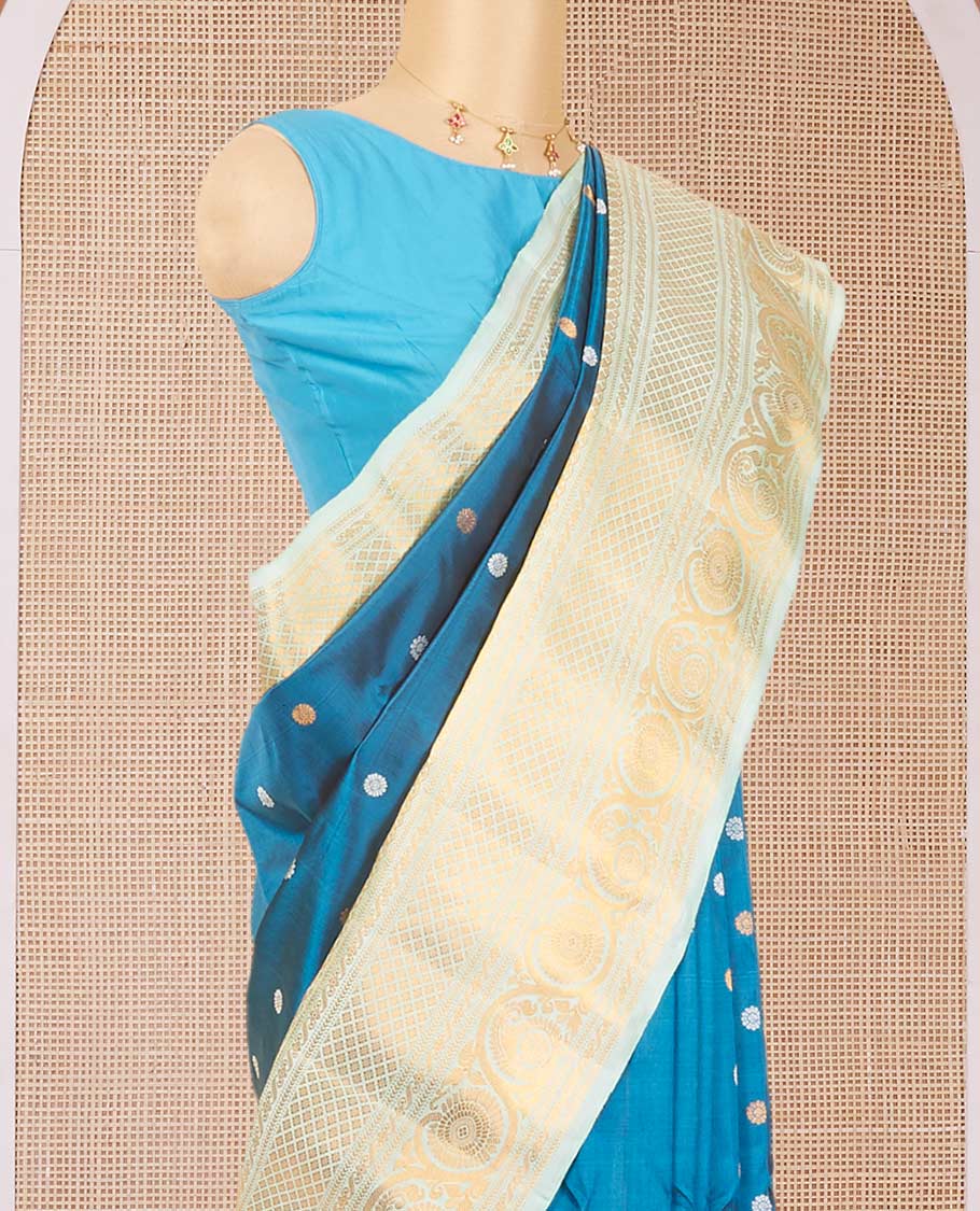 Blue zari buttas gadwal silk saree, contrast traditional zari design vidarbha border & jaal design pallu