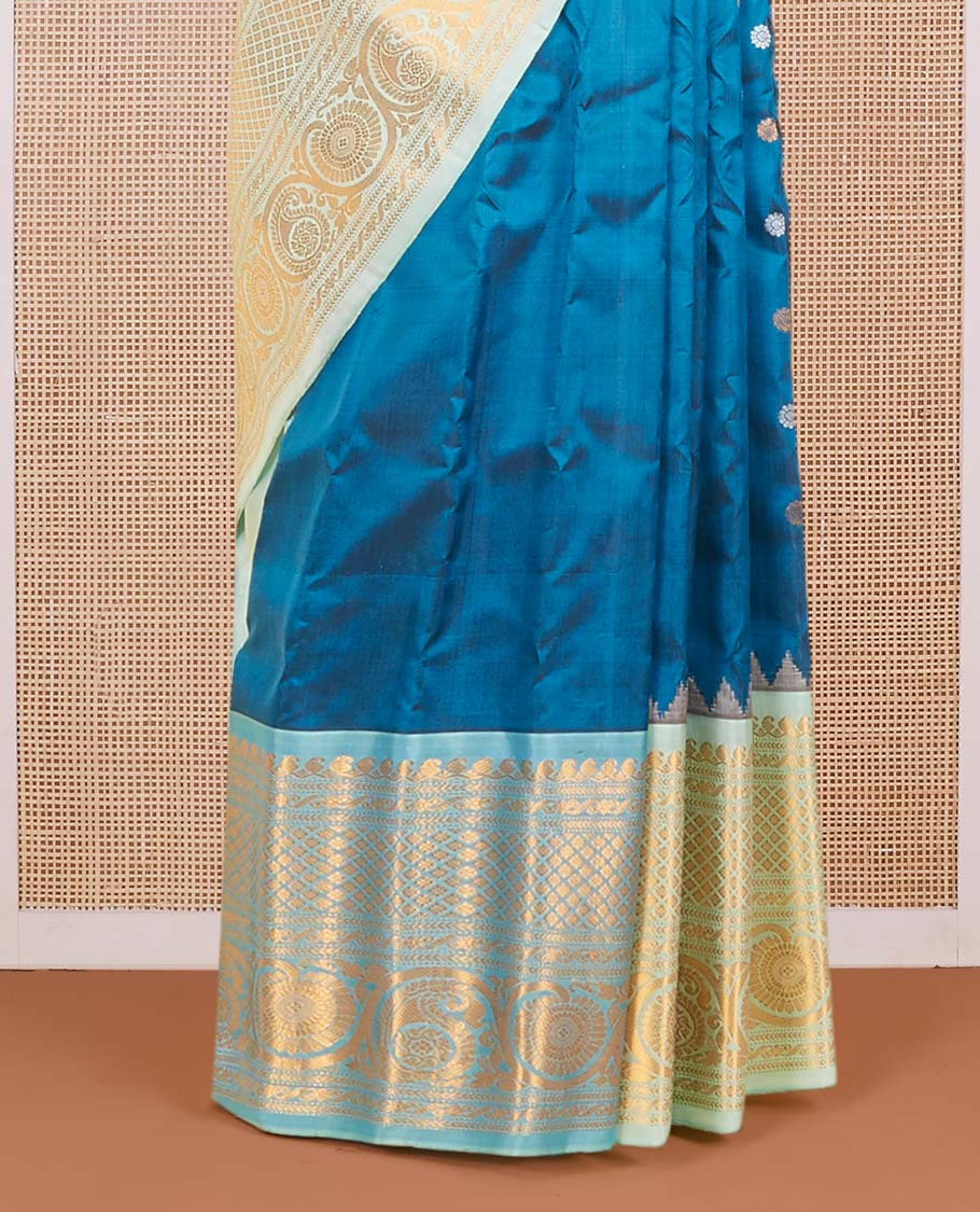 Blue zari buttas gadwal silk saree, contrast traditional zari design vidarbha border & jaal design pallu