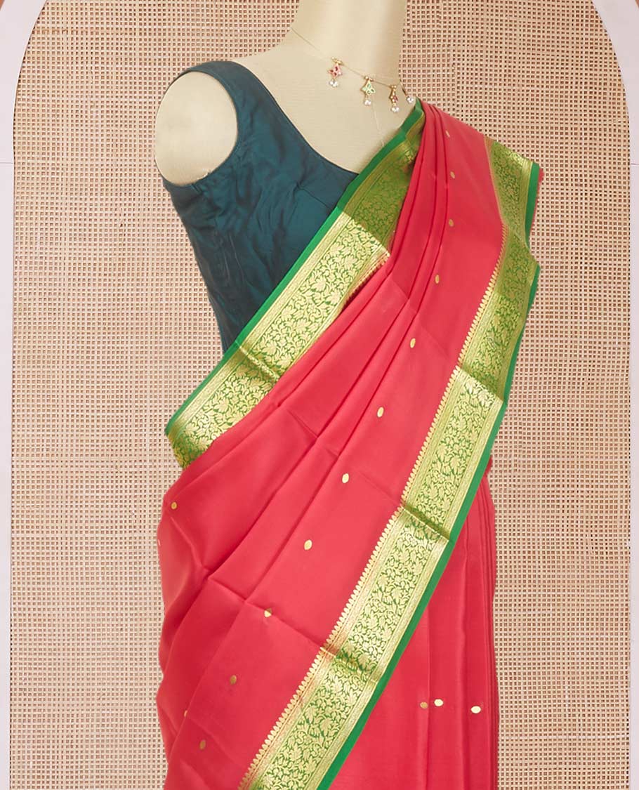 Red zari buttas mysore silk saree, contrast floral zari design border & pallu of zari buttas