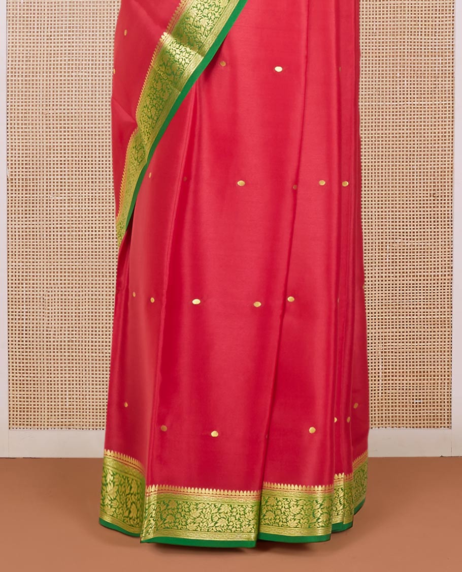 Red zari buttas mysore silk saree, contrast floral zari design border & pallu of zari buttas