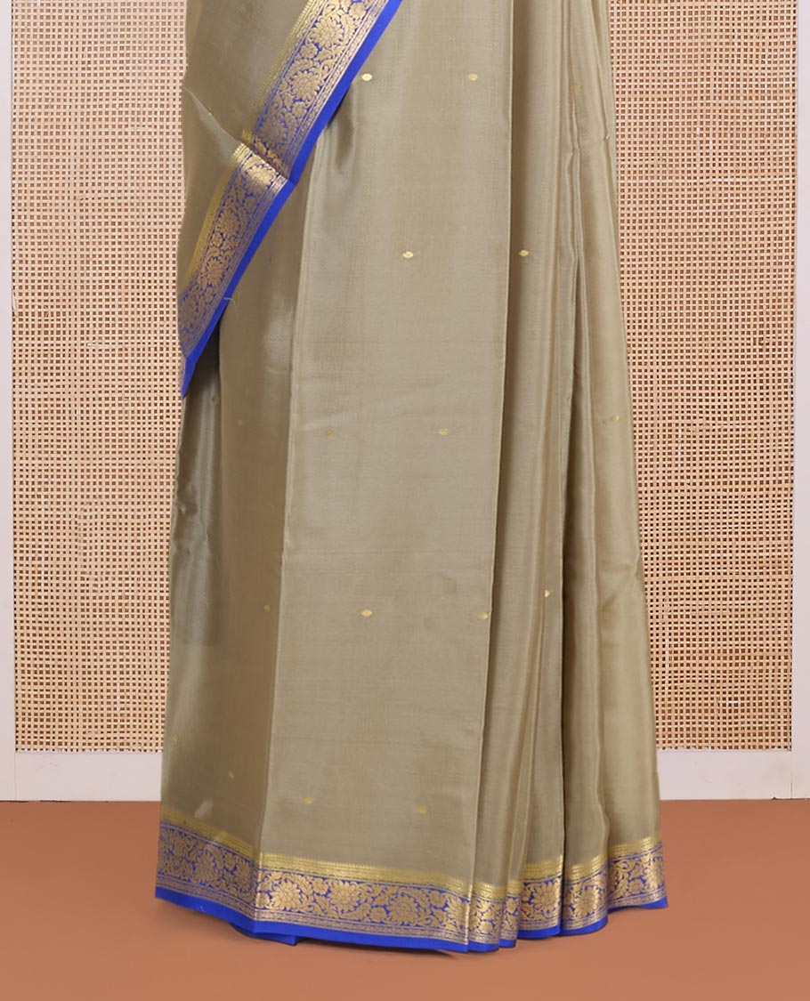 Cement grey zari buttas Mysore silk saree, contrast floral creeper zari border & zari motifs pallu