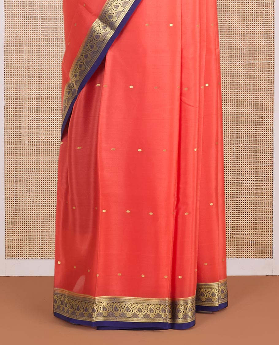 Orange jangiri color zari buttas Mysore silk saree, contrast paisley motifs woven zari border & pallu of zari motifs