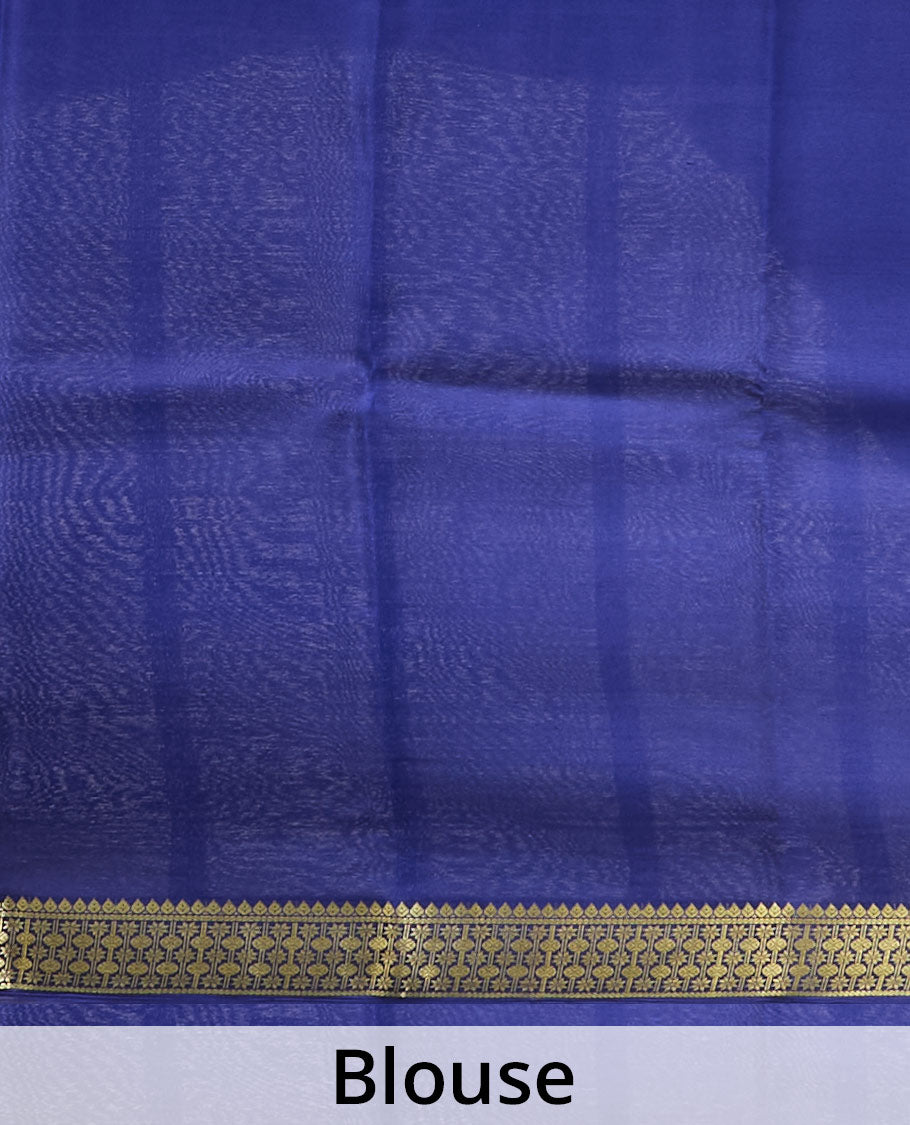Blue plain Mysore silk saree, contrast golden zari border woven in traditional motifs & zari striped pallu
