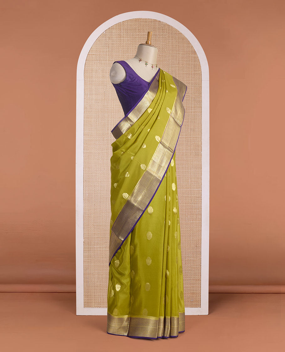 Mehendi green zari buttas Mysore silk saree, contrast traditional zari motifs border & chevron striped pallu