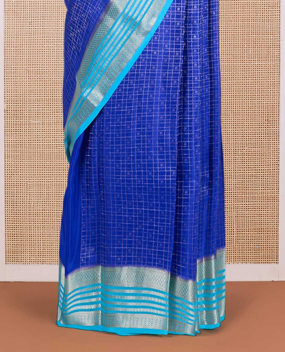 Blue zari buttas enclosed checked Mysore silk saree, contrast temple traditional design zari border & intricate pallu