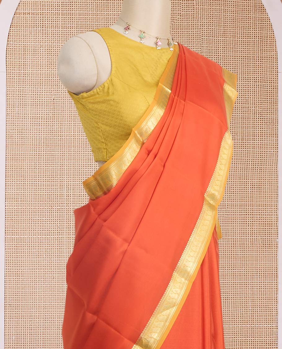 Kesari orange full-plain Mysore silk saree, contrast paisley zari design border & pallu of zari stripes