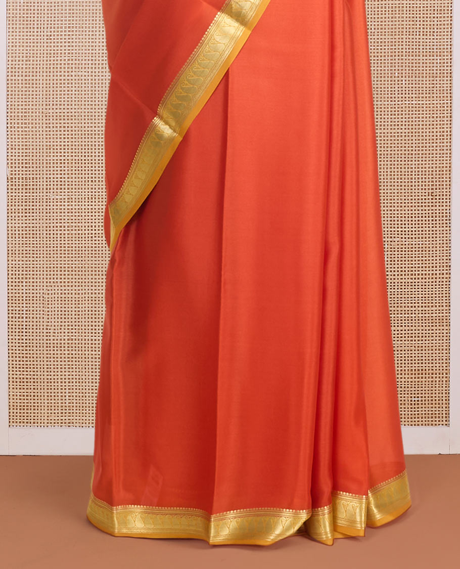 Kesari orange full-plain Mysore silk saree, contrast paisley zari design border & pallu of zari stripes
