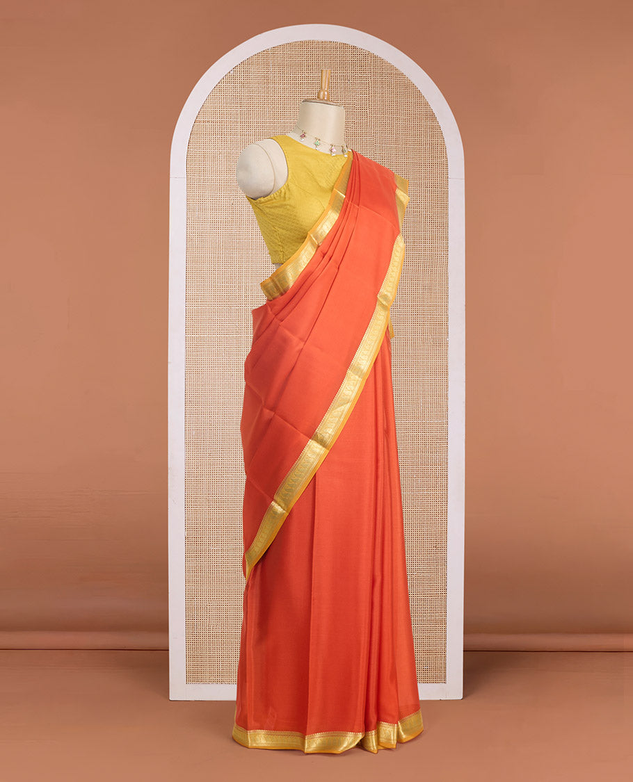 Kesari orange full-plain Mysore silk saree, contrast paisley zari design border & pallu of zari stripes