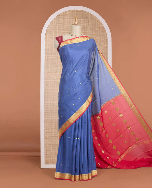 Grey zari buttas Mysore silk saree, contrast floral design zari border & pallu of zari motifs