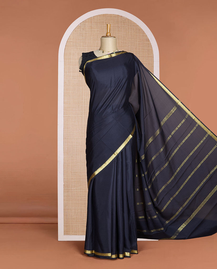 Black plain Mysore silk saree, traditional zari design border & pallu of thick zari stripes