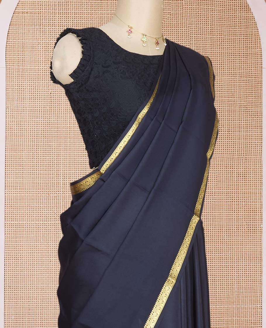 Black plain Mysore silk saree, traditional zari design border & pallu of thick zari stripes