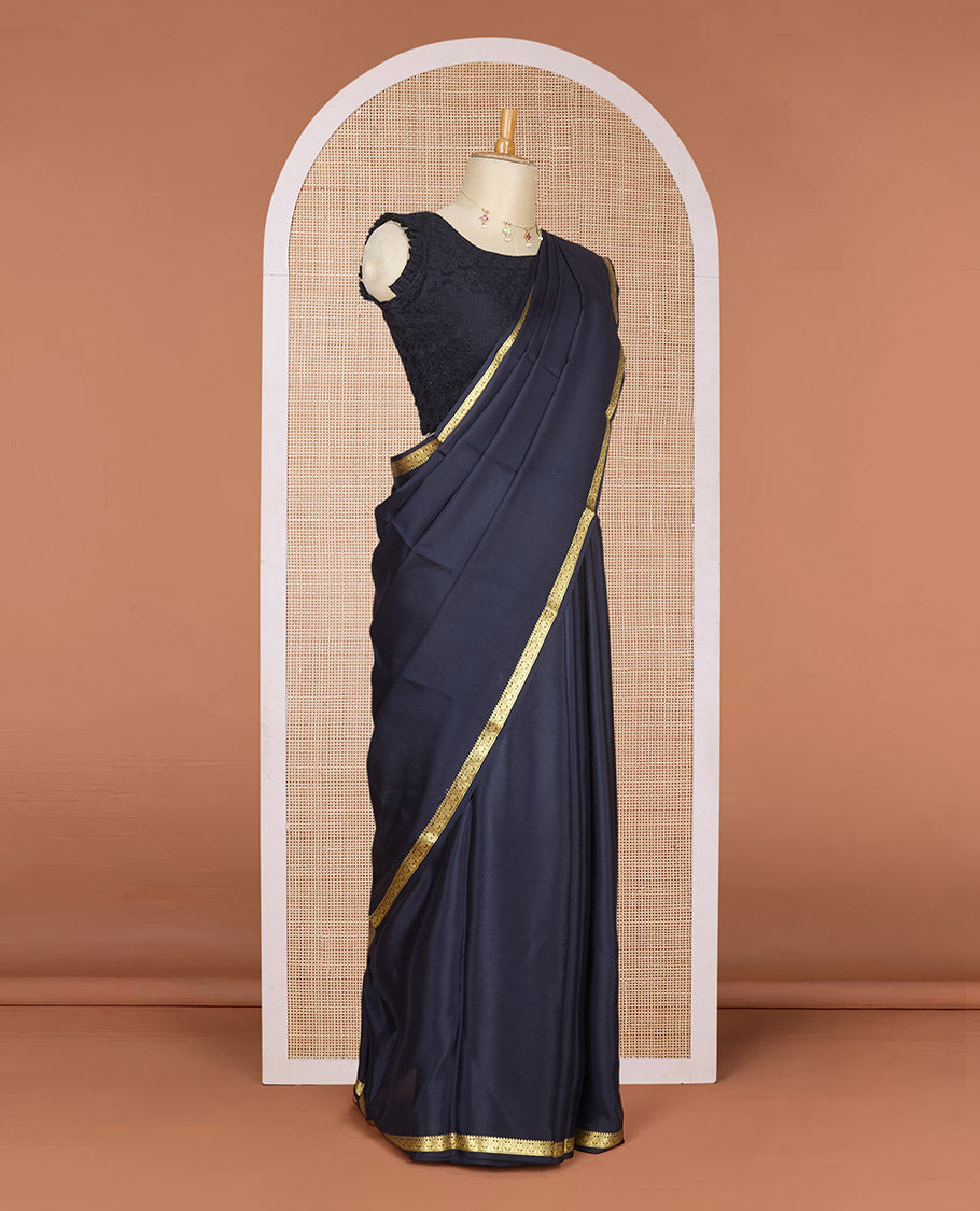 Black plain Mysore silk saree, traditional zari design border & pallu of thick zari stripes