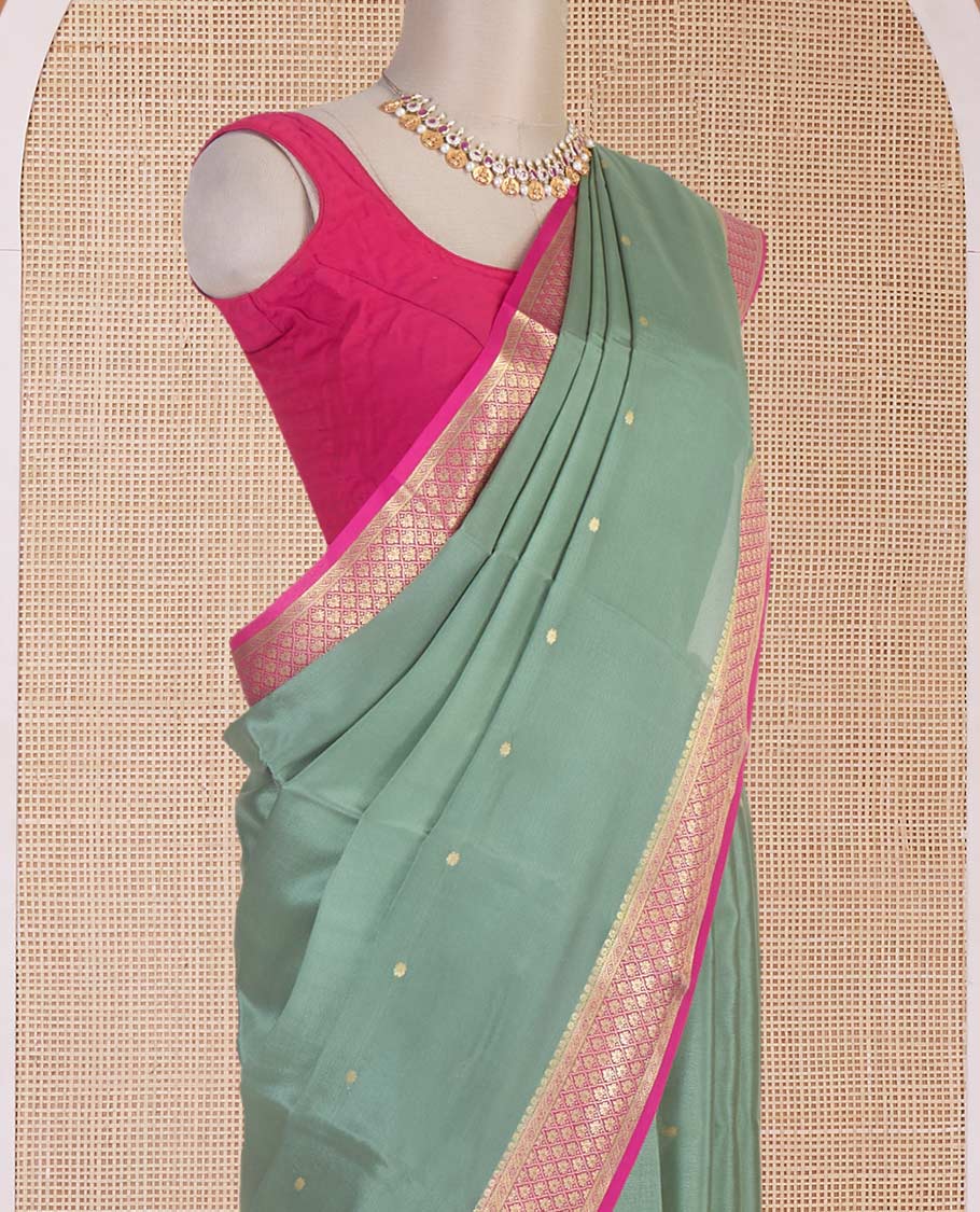 Green zari buttas Mysore silk saree, contrast traditional zari border & pallu of floral zari weave