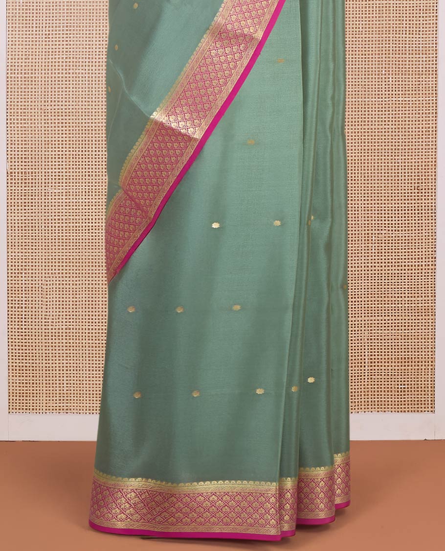 Green zari buttas Mysore silk saree, contrast traditional zari border & pallu of floral zari weave