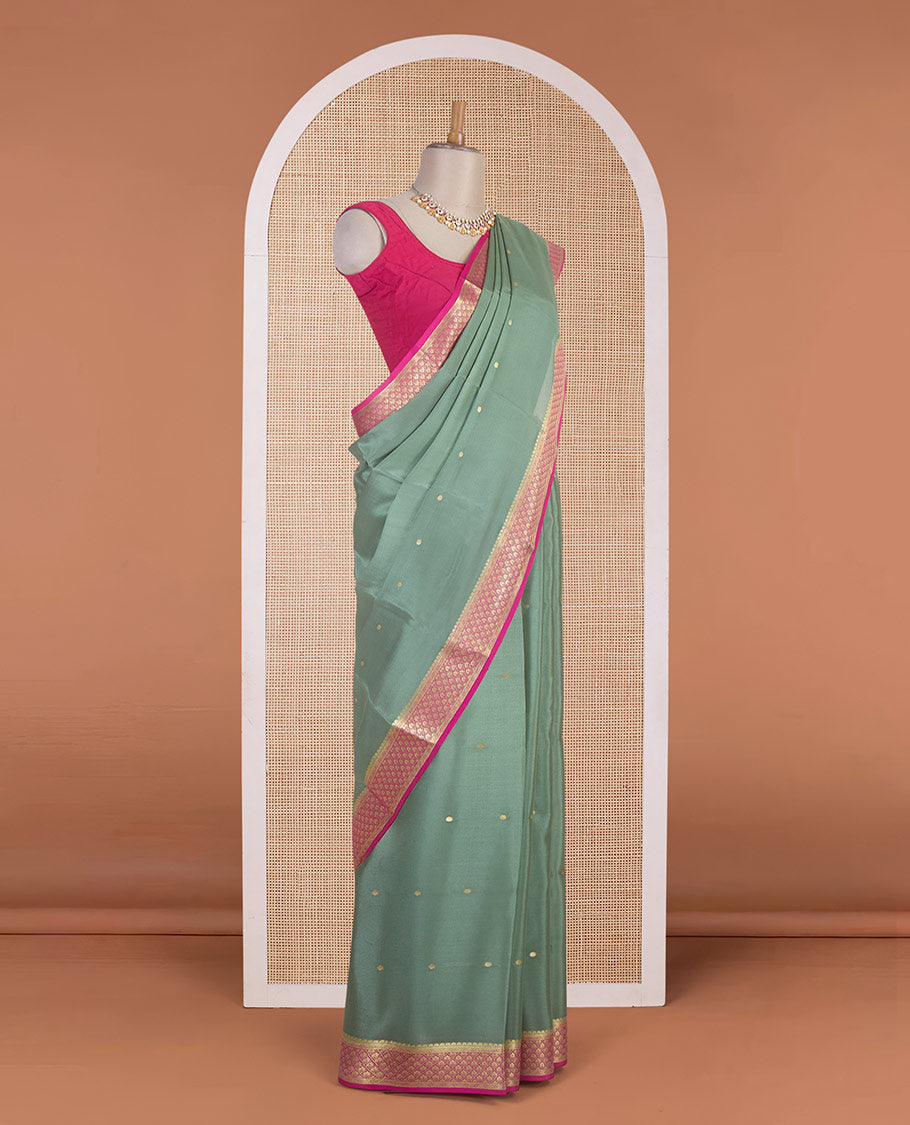 Green zari buttas Mysore silk saree, contrast traditional zari border & pallu of floral zari weave