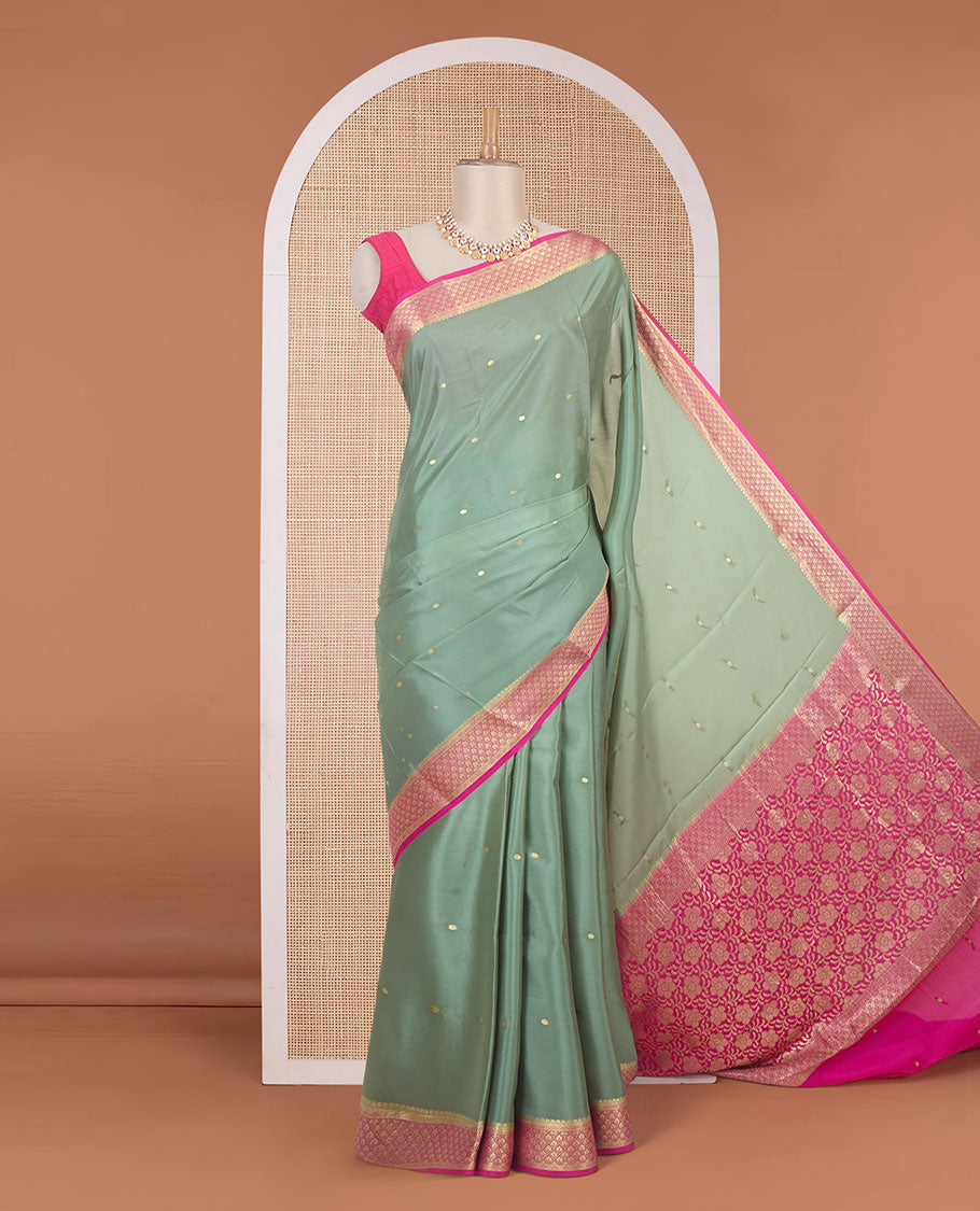 Green zari buttas Mysore silk saree, contrast traditional zari border & pallu of floral zari weave