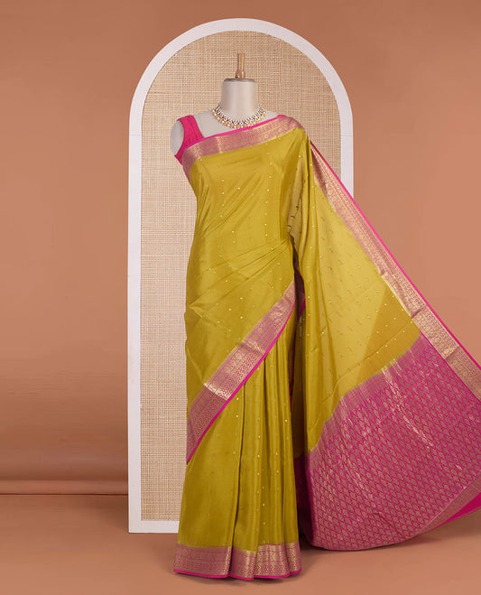 Yellow zari buttas Mysore silk saree, contrast traditional zari border & zari woven pallu