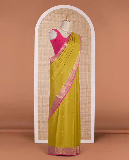 Yellow zari buttas Mysore silk saree, contrast traditional zari border & zari woven pallu