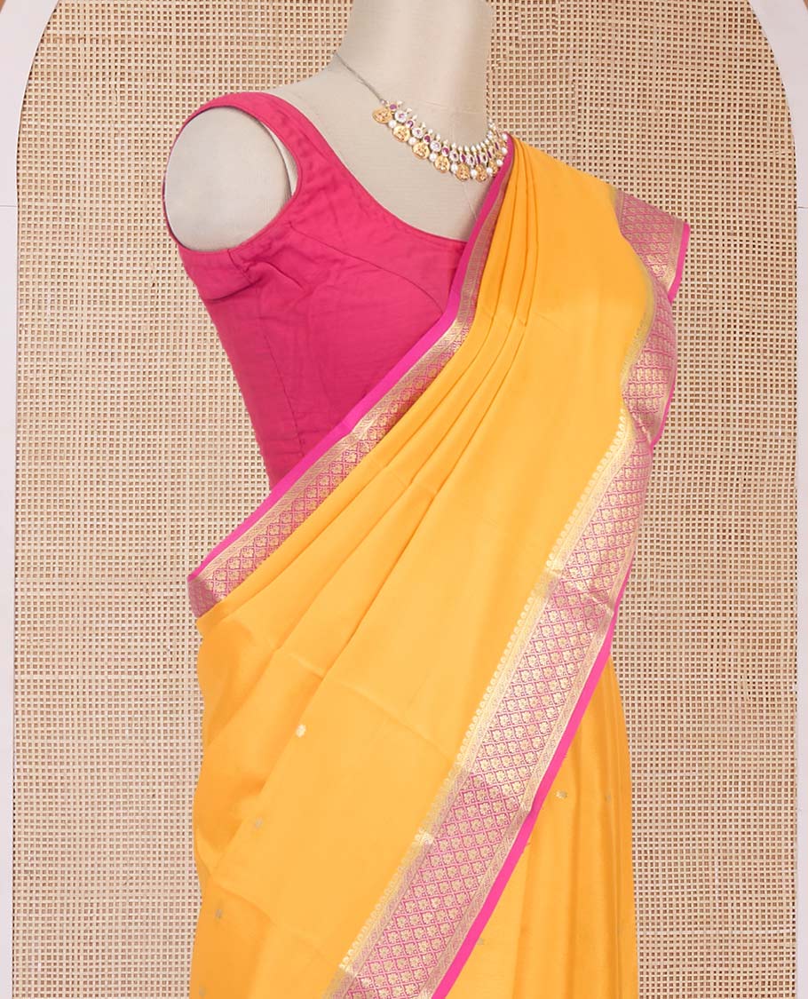Orange zari buttas Mysore silk saree, contrast traditional zari border & pallu of floral zari weave