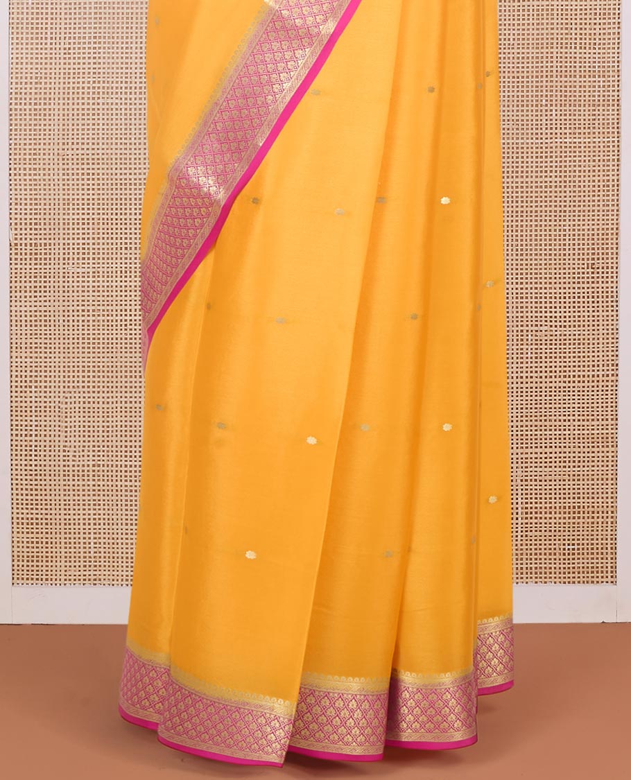 Orange zari buttas Mysore silk saree, contrast traditional zari border & pallu of floral zari weave