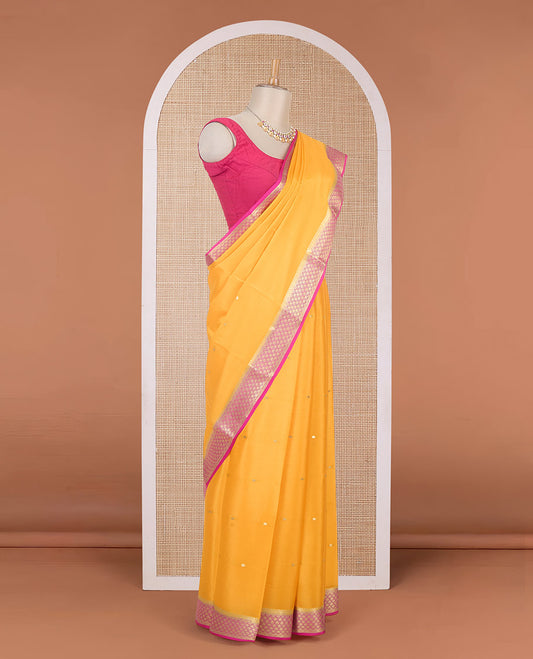 Orange zari buttas Mysore silk saree, contrast traditional zari border & pallu of floral zari weave
