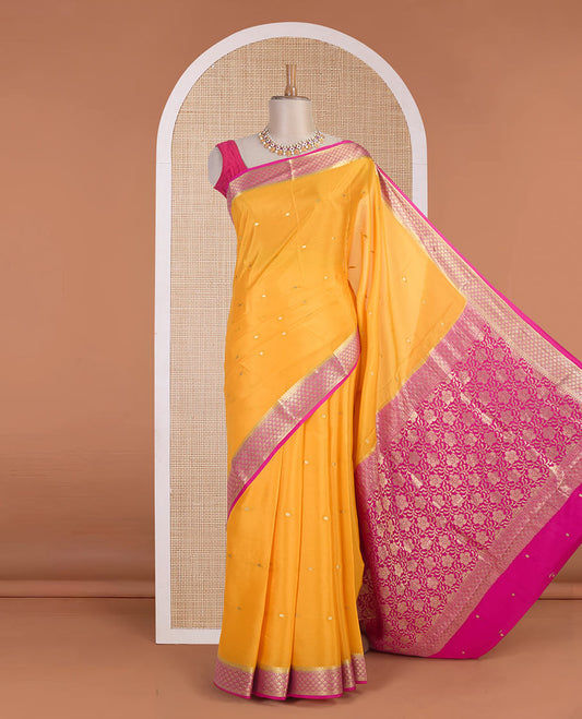 Orange zari buttas Mysore silk saree, contrast traditional zari border & pallu of floral zari weave