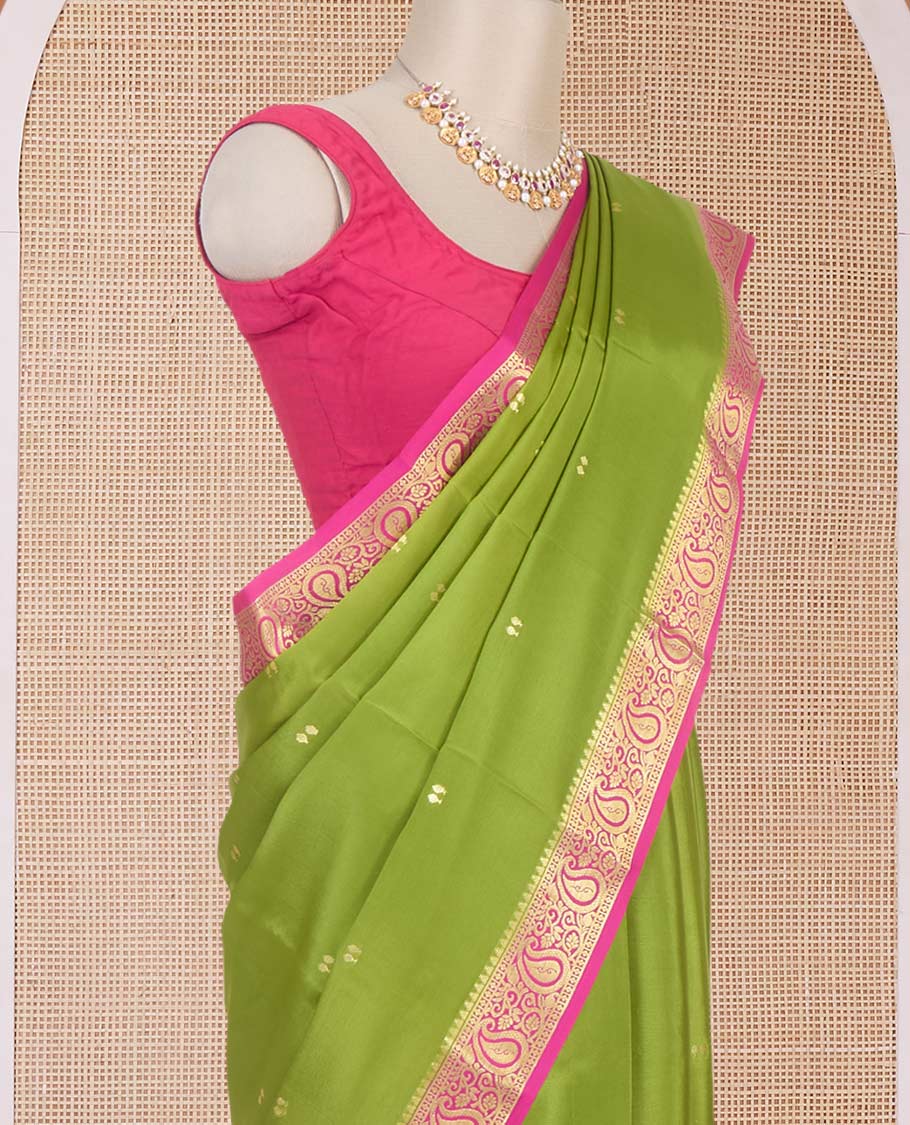 Light Green zari buttas Mysore silk saree, contrast temple paisley zari border & zig-zag stripes woven pallu