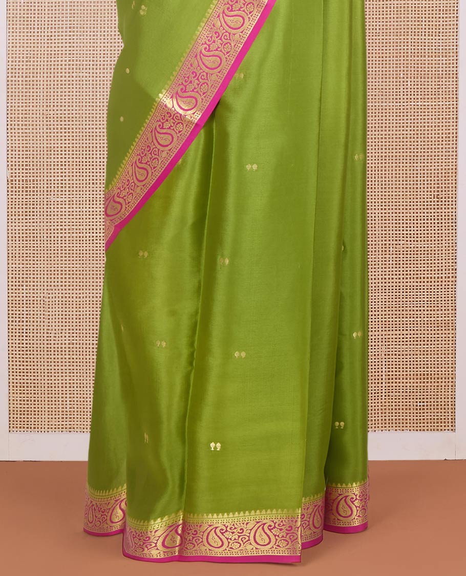 Light Green zari buttas Mysore silk saree, contrast temple paisley zari border & zig-zag stripes woven pallu