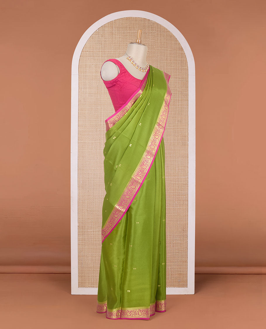 Light Green zari buttas Mysore silk saree, contrast temple paisley zari border & zig-zag stripes woven pallu