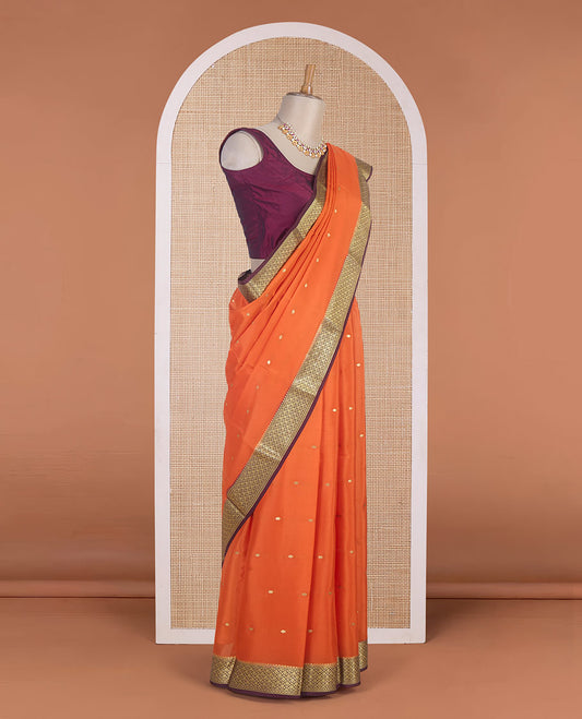 Orange zari buttas Mysore silk saree, contrast jaal design zari border & pallu of jaal design