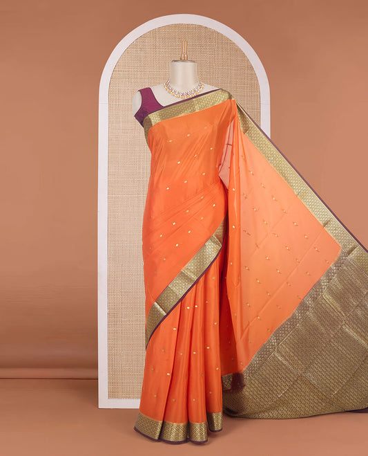 Orange zari buttas Mysore silk saree, contrast jaal design zari border & pallu of jaal design
