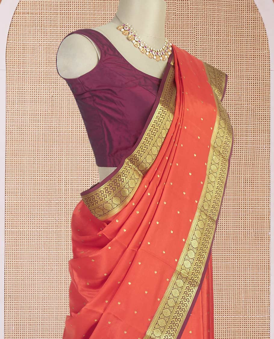 Dark orange zari buttas Mysore silk saree, contrast traditional zari border & zari woven pallu