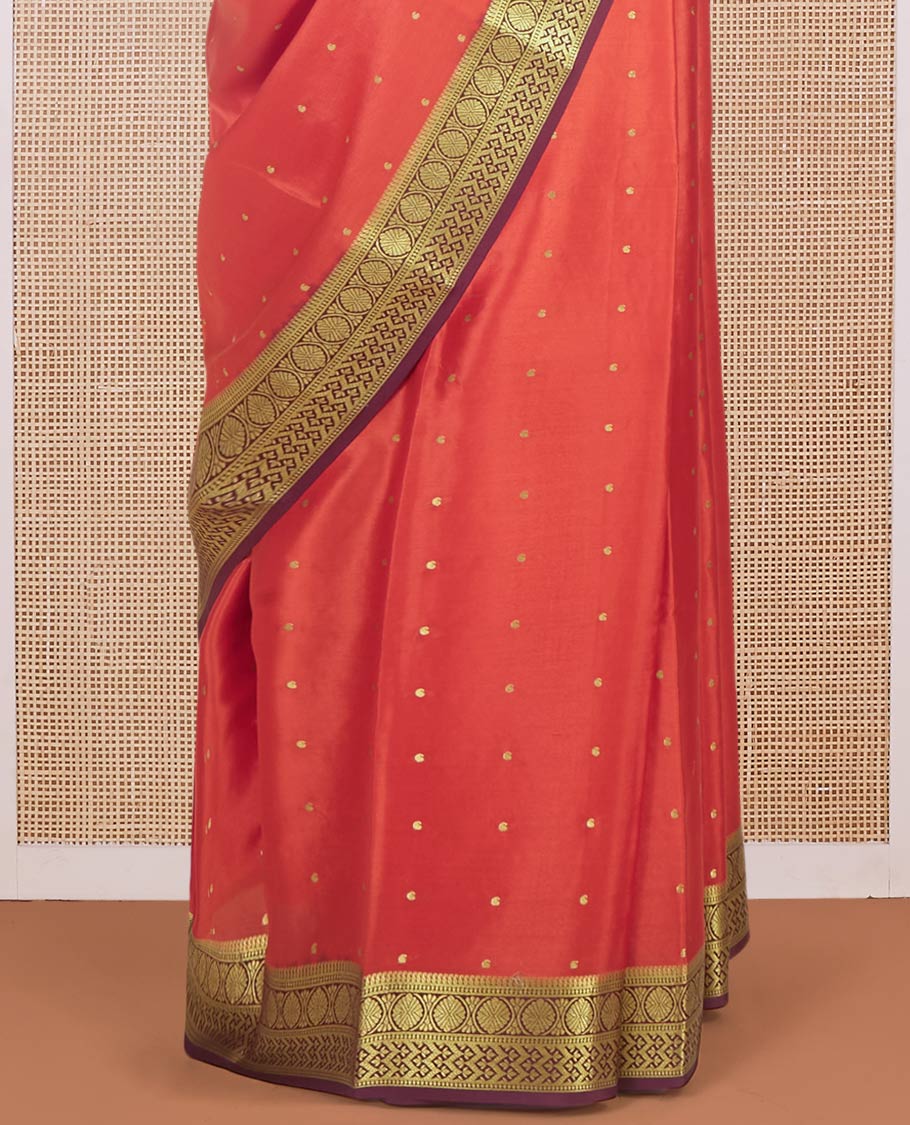 Dark orange zari buttas Mysore silk saree, contrast traditional zari border & zari woven pallu