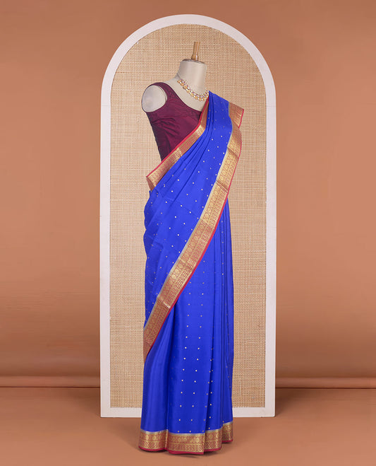 Royal blue zari buttas Mysore silk saree, contrast traditional zari border & intricately zari woven pallu