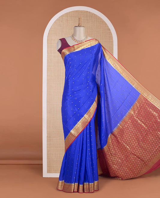 Royal blue zari buttas Mysore silk saree, contrast traditional zari border & intricately zari woven pallu