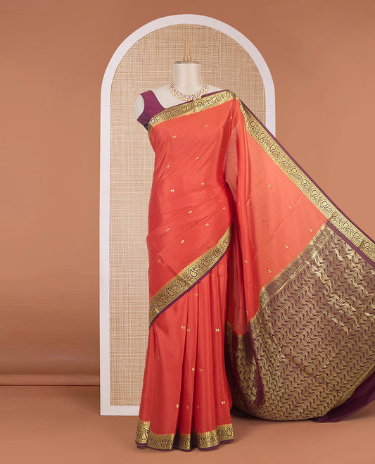 Orange zari buttas Mysore silk saree, contrast temple paisley zari border & zig-zag stripes woven pallu