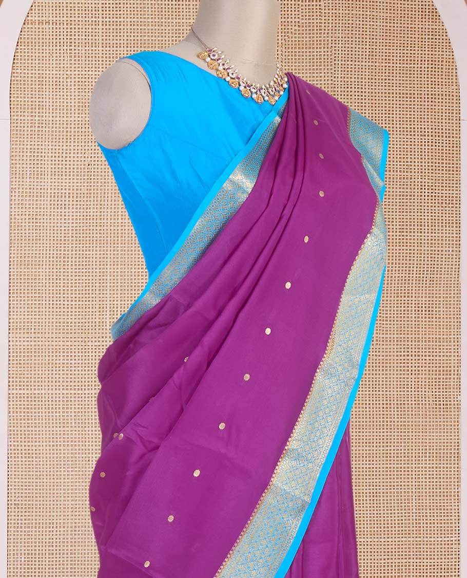 Purple zari buttas Mysore silk saree, contrast jaal design zari border & pallu of jaal design